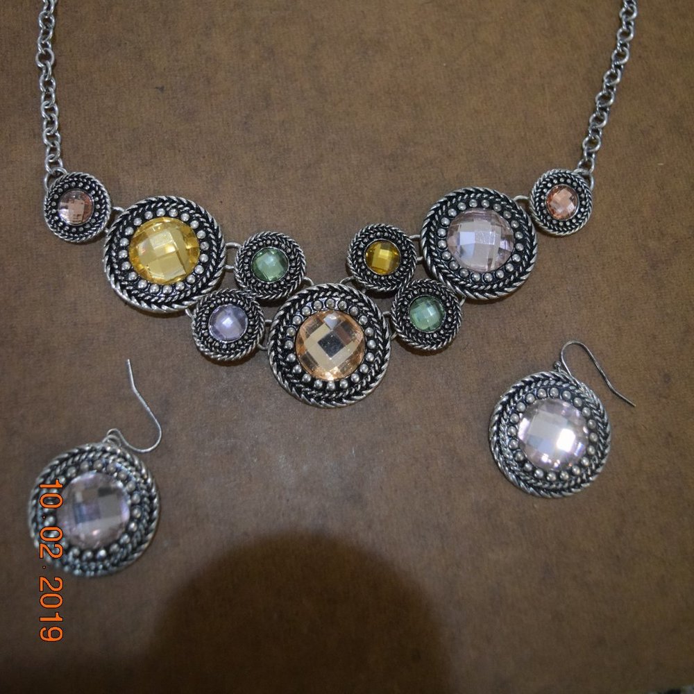 Multi Colored Rhinestone Necklace and Earrings